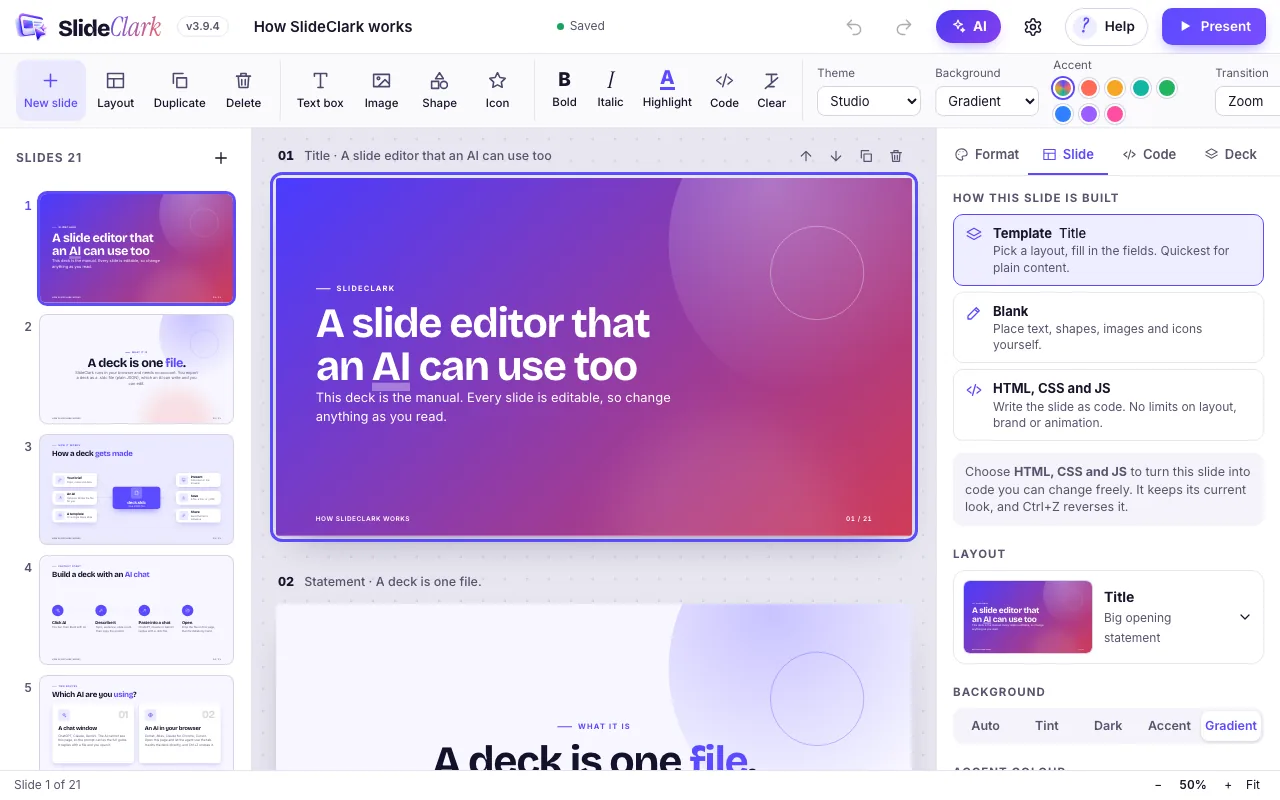 The SlideClark editor: slide list on the left, a slide in the middle, formatting tools on the right.
